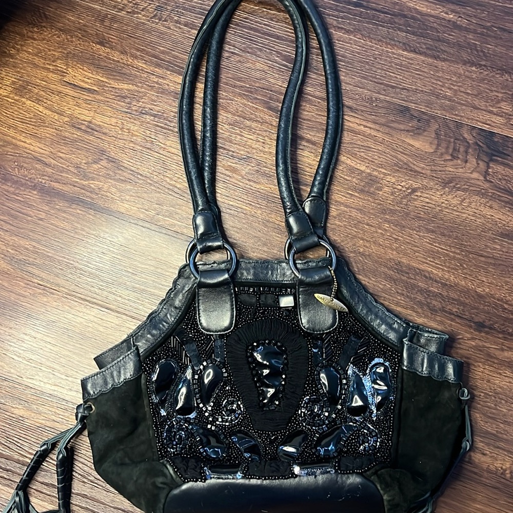 Mary Frances beaded embellished bag black leather sequins tassels hobo purse